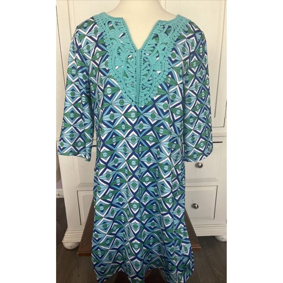 Tracy Negoshian Geometric Blue and Green Dress - Picture 1 of 7